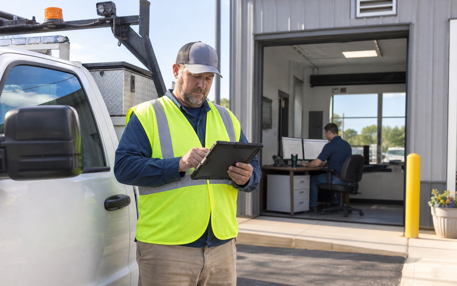 Public works employee using a rugged tablet beside a municipal service vehicle